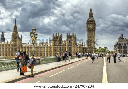 LONDON, UNITED KINGDOM - JULY 7: tourists on Westminster Bridge on July 7, 2014 in London, United Kingdom. London is the capital and largest city in the UK.