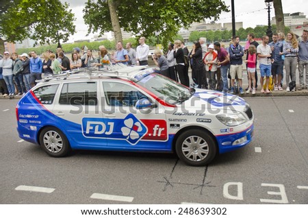 LONDON, UNITED KINGDOM - JULY 7: an FDJ team car during Stage 3 of the Tour de France on July 7, 2014 in London, United Kingdom. The TDF is the world\'s most famous cycling race.