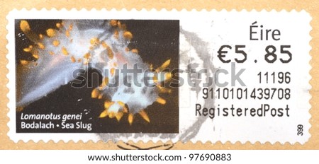 REPUBLIC OF IRELAND - CIRCA 2010: a stamp from Ireland shows image of a sea slug (Lomanotus genei), circa 2010