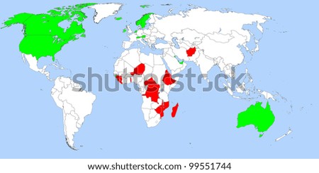 Map of global wealth showing richest (green) 16 countries and poorest (red) 16 countries. Data source: GDP/capita, IMF, 2011.