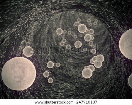 inside the blood vessel, white blood cells inside the blood vessel, High quality 3d render of blood cells, Red and white blood cells in artery