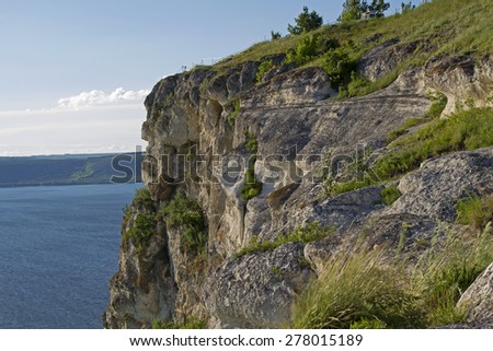 rock over river, river hills, high rock over river at cloudy day, Dniester, Ukraine, Rolling green hills and wanding river, Shining Water