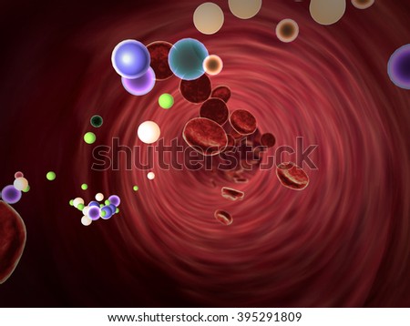inside the blood vessel, white blood cells inside the blood vessel, High quality 3d render of blood cells, Red and white blood cells in artery