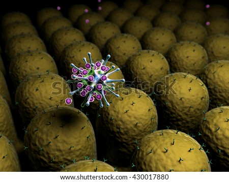 3D illustration of Human Immune System, field of cells, field of cells with receptors, Human Immune System attack the virus
