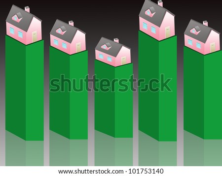 isometric house-real estate values, bar graph with house