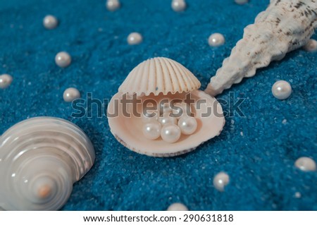 shells and pearls isolated on blue background made of little blue rocks
