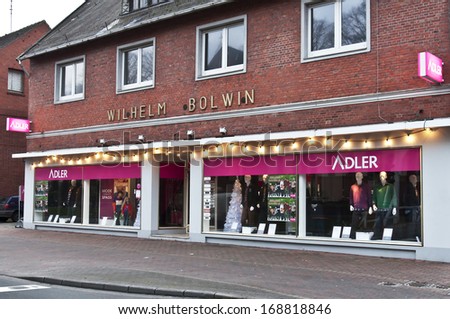 PAPENBURG, GERMANY - DECEMBER 08: ADLER store and logo in Papenburg, Germany on December 08, 2013.