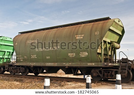 LITHUANIA - MARCH 20: Wagon train wagon with fertilizers from Belarus on March 20, 2014 in Lithuania.