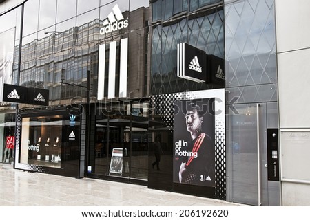 FRANKFURT<GERMANY-JUNE 29:ADIDAS store on June 29,2014 in Frankfurt, Germany.Adidas AG is a German multinational corporation that designs and manufactures sports shoes, clothing and accessories.