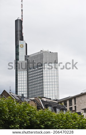 FRANKFURT,GERMANY-JUNE 29:Commerzbank skyscraper on June 29,2014 in Frankfurt,Germany. Commerzbank AG is a German global banking and financial services company.