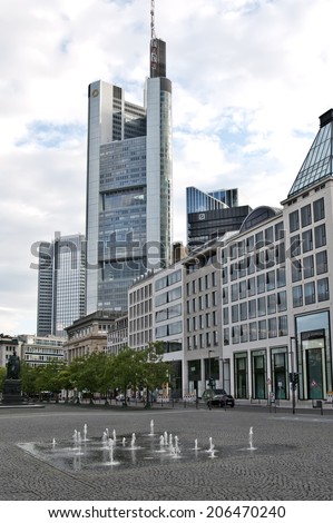 FRANKFURT,GERMANY-JUNE 29:Commerzbank skyscraper on June 29,2014 in Frankfurt,Germany.Commerzbank AG is a German global banking and financial services company.
