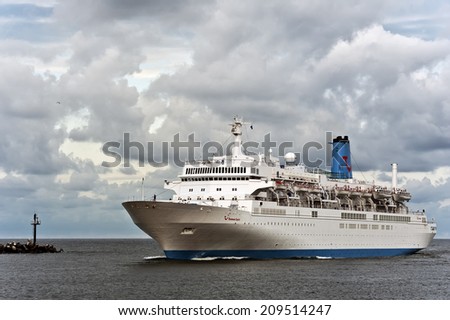 KLAIPEDA,LITHUANIA - AUGUST 07:Cruise liner THOMSON SPIRIT in Klaipeda harbor on August 07,2014 in Klaipeda,Lithuania.