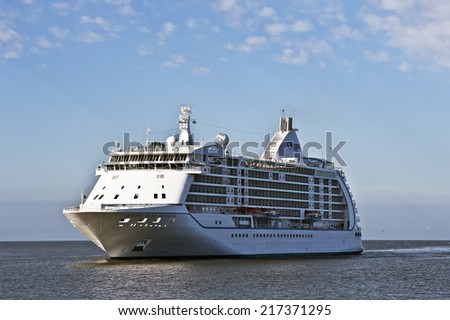 LITHUANIA- SEPTEMBER 14:Cruise liner Seven Seas Voyager in Baltic Sea on September 14,2014 in Lithuania. Seven Seas Voyager is a cruise ship for Regent Seven Seas Cruises.