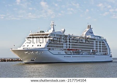 KLAIPEDA,LITHUANIA- SEPTEMBER 14:Cruise liner Seven Seas Voyager in port Klaipeda on September 14,2014, Lithuania. Seven Seas Voyager is a cruise ship for Regent Seven Seas Cruises.