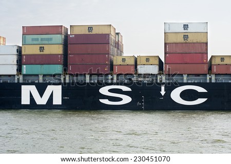 KLAIPEDA, LITHUANIA - NOW 04: MSC logo on containership  in the port on November 04, 2014 in Klaipeda,Lithuania.