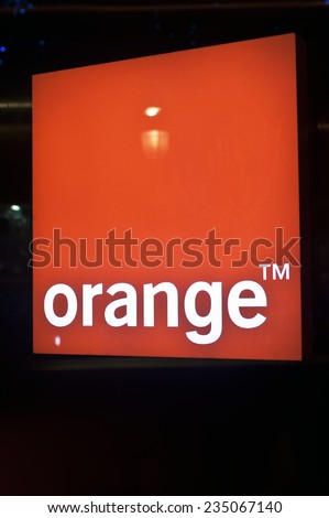 PARIS-NOV 22:Orange logo on November 22,2014 in Paris.Orange is a French multinational telecommunications corporation. It is a global provider for voice, video, data, and Internet telecommunications.