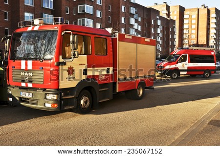 KLAIPEDA,LITHUANIA-DEC 02:fire truck arrived at the scene of a firet on December 02,2014 in Klaipeda,Lithuania.