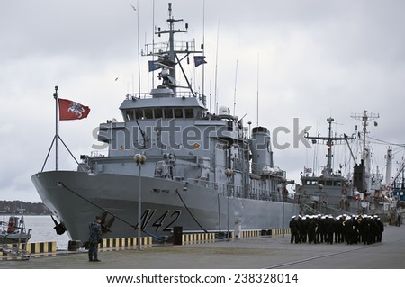 KLAIPEDA,LITHUANIA-DEC 17:military ship to berth in cloudy day on December 17,2014 in Klaipeda,Lithuania.