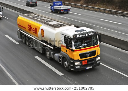 MAINZ, GERMANY - FEB 09:Shell Oil Truck on the highway on February 09,2015 in Mainz, Germany.Royal Dutch Shell plc, commonly known as Shell, is an AngloÃÂ¢Ã?Ã?Dutch multinational oil and gas company.