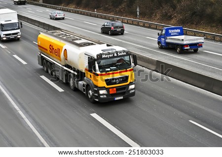 MAINZ, GERMANY - FEB 09:Shell Oil Truck on the highway on February 09,2015 in Mainz, Germany.Royal Dutch Shell plc, commonly known as Shell, is an AngloÃ¢Â?Â?Dutch multinational oil and gas company.