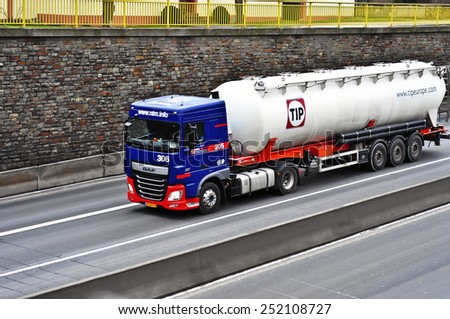 MAINZ,GERMANY-FEB 09:DAF petrol truck on the highway on February 09,2015 in Mainz,Germany.DAF Trucks N.V. is a leading truck manufacturer.DAF\'s headquarter is based in Eindhoven.