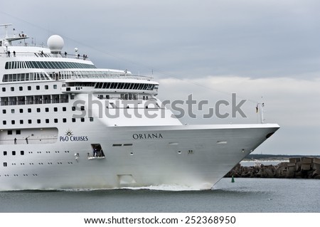 KLAIPEDA,LITHUANIA- AUG 13:cruise liner ORIANA in port by pier on August 13,2012 in Klaipeda,Lithuania.