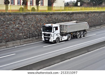 MAINZ,GERMANY-FEB 09:MAN truck on the highway on February 09,2015 in Mainz,Germany.MAN SE, formerly MAN AG, is a German mechanical engineering company and parent company of the MAN Group.