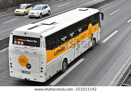 MAINZ,GERMANY-FEB 09:LUFTHANSA AIRPORT BUS in motion on the highway on February 09,2015 in Mainz,Germany.Lufthansa, is the flag carrier of Germany and also the largest airline in Europe.