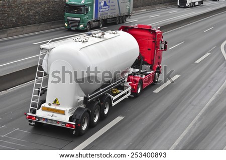 MAINZ,GERMANY-FEB 09:SCANIA oil truck on the highway on February 09,2015 in Mainz,Germany.Scania, is a major Swedish automotive industry manufacturer of specifically heavy trucks and buses.