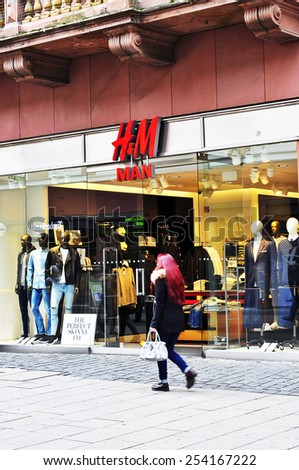 WIESBADEN,GERMANY-FEB 18:HM store on February 18,2015 in Wiesbaden,Germany. H&M is an international fashion retail corporation. Founded in 1947
