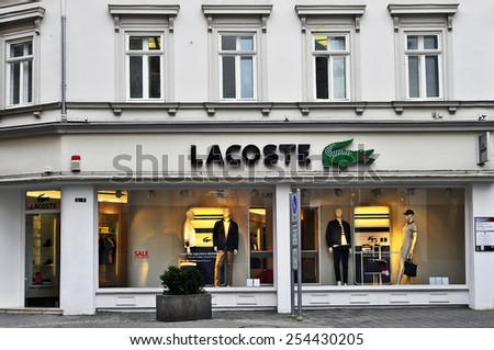 Wiesbaden,GERMANY-FEB 18:LACOSTE store on February 18,2015 in Wiesbaden,GERMANY. Lacoste is a French apparel company that sells high-end clothing, most famously tennis shirts.