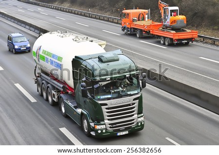 MAINZ,GERMANY-FEB 20:SCANIA truck on the highway on February 20,2015 in Mainz,Germany.Scania, is a major Swedish automotive industry manufacturer of specifically heavy trucks and buses.