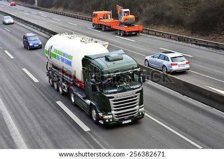 MAINZ,GERMANY-FEB 20:SCANIA truck on the highway on February 20,2015 in Mainz,Germany.Scania, is a major Swedish automotive industry manufacturer of specifically heavy trucks and buses.