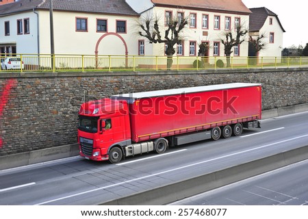 MAINZ, GERMANY - FEB 20: DAF oil truck on the highway on February 20,2015 in Mainz, Germany.  DAF Trucks NV is a Dutch truck manufacturing company and a division of PACCAR Inc