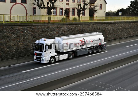 MAINZ,GERMANY-FEB 20:MAN truck on the highway on February 20,2015 in Mainz,Germany.MAN SE, formerly MAN AG, is a German mechanical engineering company and parent company of the MAN Group