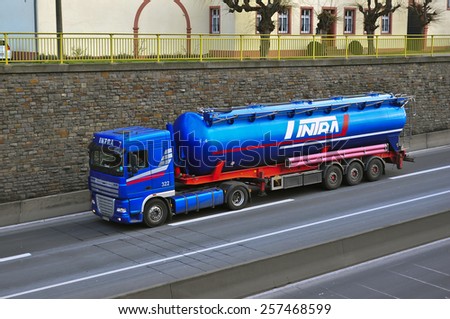 MAINZ, GERMANY - FEB 20: DAF oil truck on the highway on February 20,2015 in Mainz, Germany.  DAF Trucks NV is a Dutch truck manufacturing company and a division of PACCAR Inc