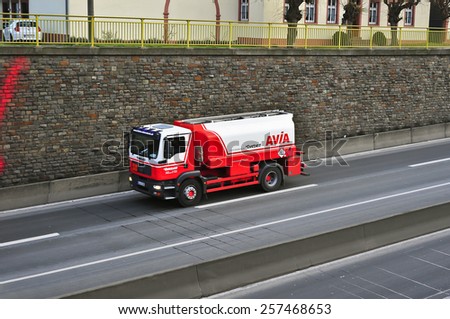 MAINZ,GERMANY-FEB 20:MAN truck on the highway on February 20,2015 in Mainz,Germany.MAN SE, formerly MAN AG, is a German mechanical engineering company and parent company of the MAN Group