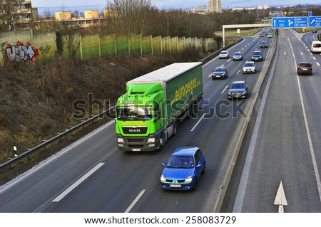MAINZ,GERMANY-FEB 20:MAN truck on the highway on February 20,2015 in Mainz,Germany.MAN SE, formerly MAN AG, is a German mechanical engineering company and parent company of the MAN Group.