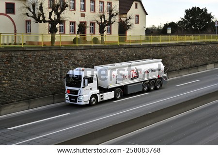 MAINZ,GERMANY-FEB 20:MAN oil truck on the highway on February 20,2015 in Mainz,Germany.MAN SE, formerly MAN AG, is a German mechanical engineering company and parent company of the MAN Group.