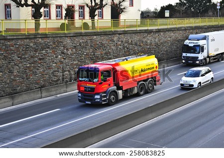 MAINZ,GERMANY-FEB 20:MAN oil truck on the highway on February 20,2015 in Mainz,Germany.MAN SE, formerly MAN AG, is a German mechanical engineering company and parent company of the MAN Group.