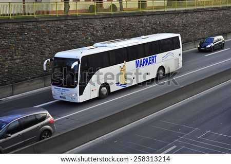 MAINZ,GERMANY-FEB 20:white BUS  on the highway on February 20,2015 in Mainz,Germany.