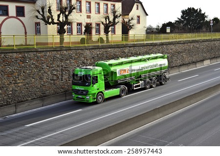 MAINZ,GERMANY-FEB 20:mercedes benz oil truck on the highway on February 20,2015 in Mainz,Germany.MB is a German automobile manufacturer, a multinational division of the German manufacturer Daimler AG