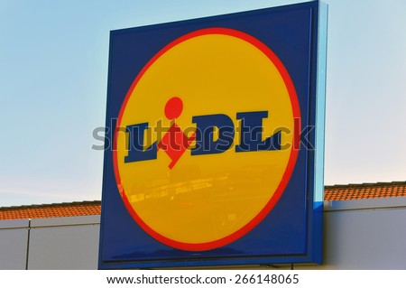 FRANKFURT,GERMANY-MARCH 22:LIDL logo on March 22,2015 in Frankfurt,Germany. Lidl is a German global discount supermarket chain, that operates over 10,000 stores across Europe.