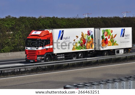 FRANKFURT,GERMANY-MARCH 28: truck of HAVI Logistics on the highway on March 28,2015 in Frankfurt,Germany.HAVI Logistics is \