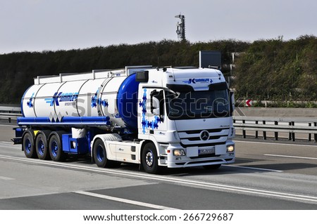 FRANKFURT,GERMANY - MARCH 28:mercedes benz oil truck on March 28,2015 in Frankfurt, Germany.MB is a German automobile manufacturer, a multinational division of the German manufacturer Daimler AG