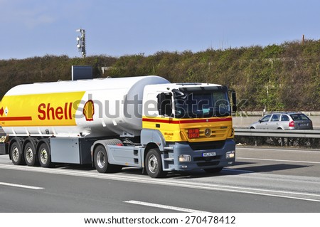 FRANKFURT,GERMANY - MARCH 28:Shell Oil Truck on the highway on March 28,2015 in Frankfurt, Germany.Royal Dutch Shell plc, commonly known as Shell, is an Anglo-Dutch multinational oil and gas company