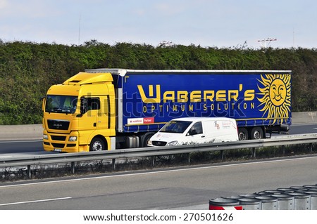 FRANKFURT,GERMANY-MARCH 26:MAN truck on the highway on March 26,2015 in Frankfurt,Germany. MAN SE, formerly MAN AG, is a German mechanical engineering company and parent company of the MAN Group.