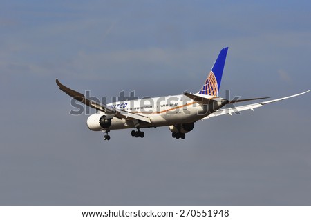 FRANKFURT,GERMANY-MARCH 28:airplane of United Airlines above the Frankfurt airport on March 28,2015 in Frankfurt,Germany.United Airlines is an American major airline headquartered in Chicago, Illinois