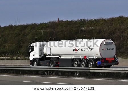 FRANKFURT,GERMANY-MARCH 28: oil truck on the highway on March 28,2015 in Frankfurt,Germany.