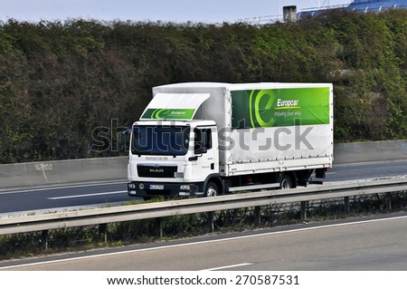 FRANKFURT,GERMANY-MARCH 28:MAN truck of Europcar on March 28,2015 in Frankfurt,Germany. MAN SE, formerly MAN AG, is a German mechanical engineering company and parent company of the MAN Group.